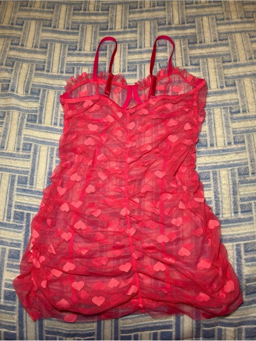 Hot Pink Ruffle Heart Design Sheer Lingerie Nightgown Teddy  Matching G-String